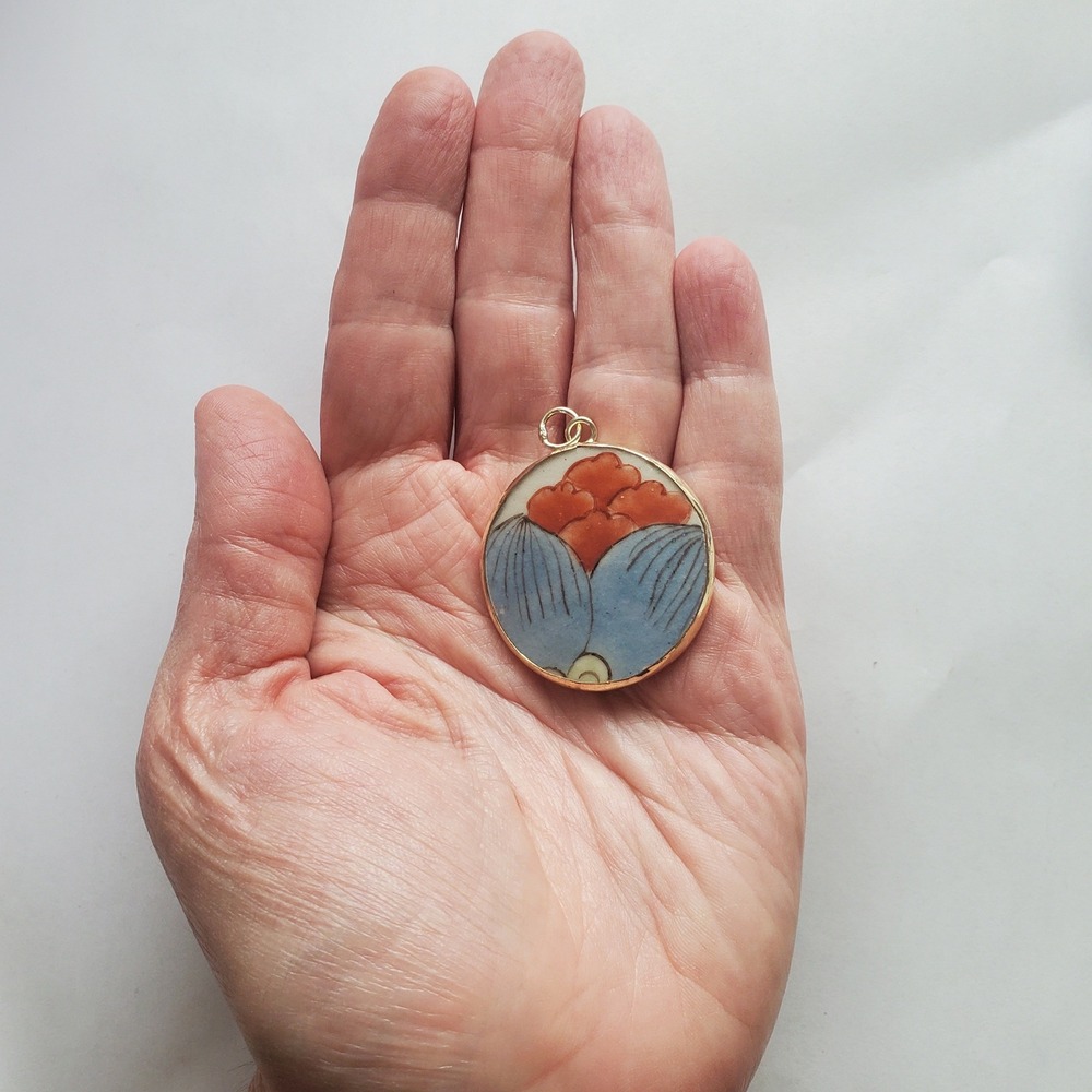 Vintage Hand Painted Porcelain Floral Round Pendant Blue Orange Pottery Shard - Picture 2 of 10
